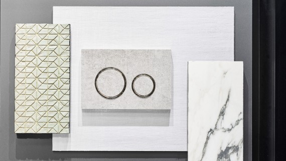 Die Sigma21 Betätigungsplatte in Betonoptik und verchromten Designringen Die Sigma21 Betätigungsplatte in Betonoptik und verchromten Designringen