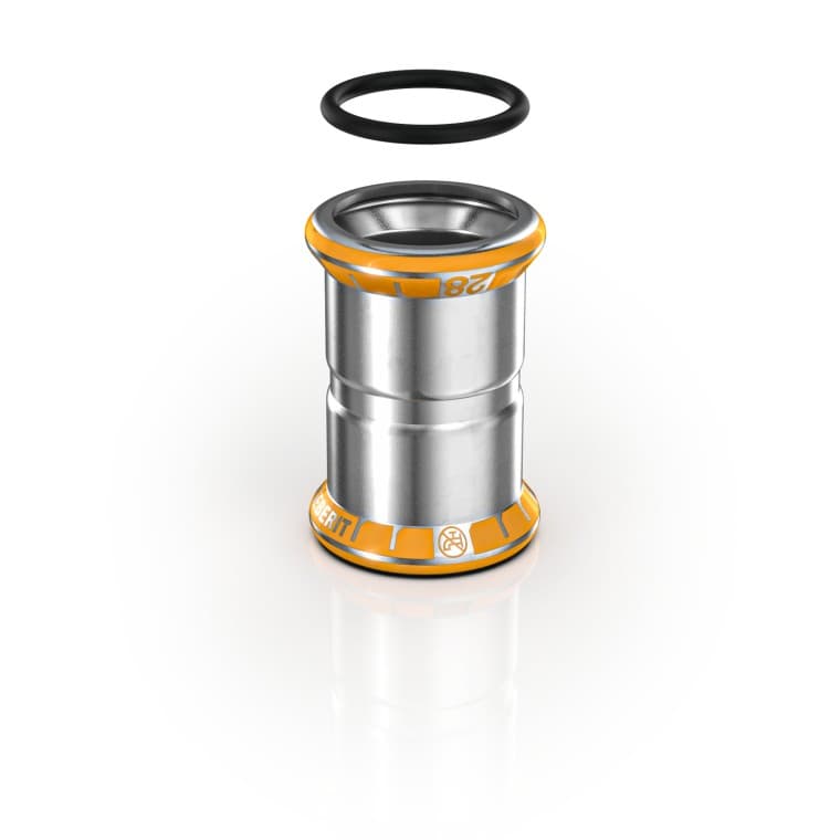 Durch den orangefarbenen Pressindikator auf den Fittings oder die Linie auf den Systemrohren ist Geberit Mapress Therm klar erkennbar. Durch den orangefarbenen Pressindikator auf den Fittings oder die Linie auf den Systemrohren ist Geberit Mapress Therm klar erkennbar.